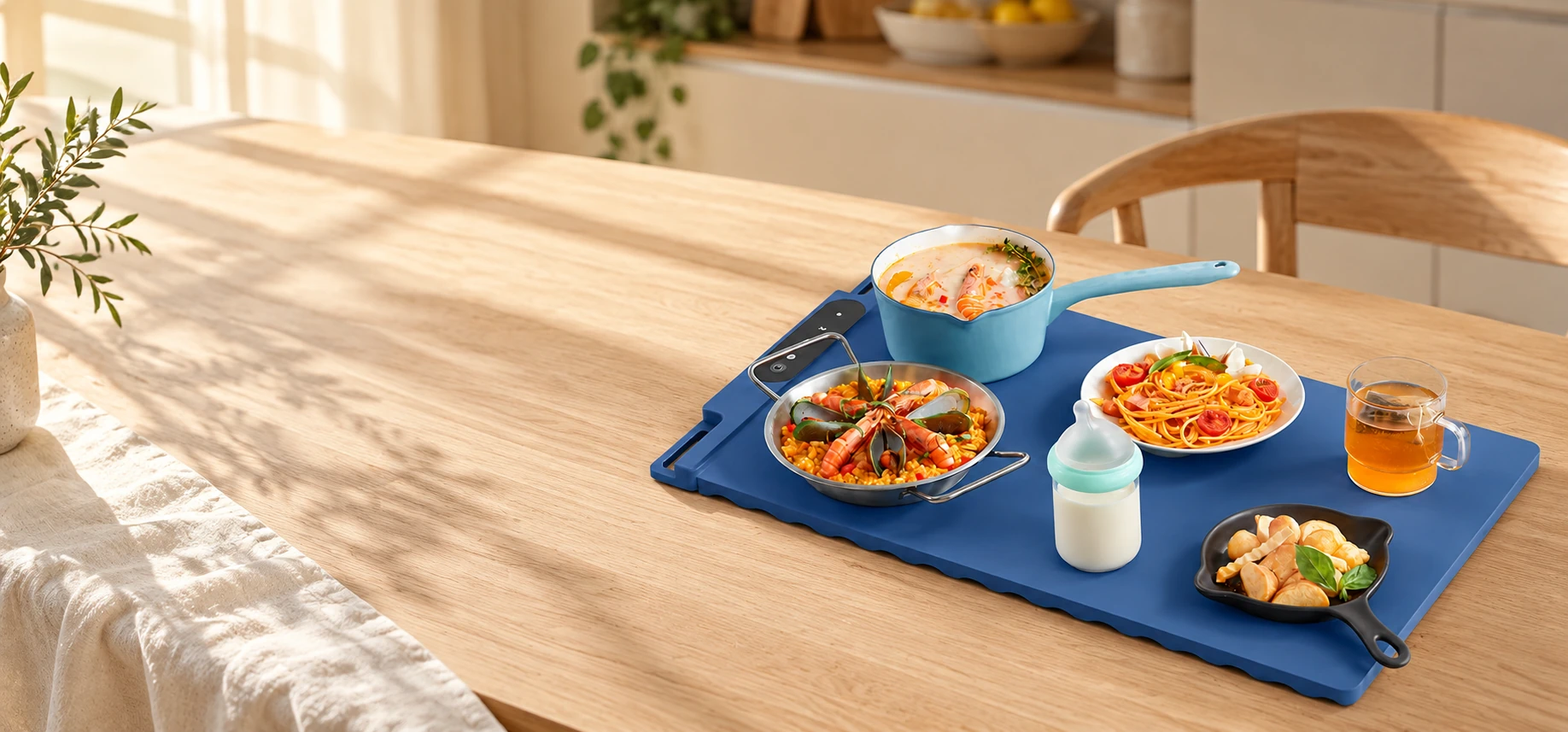 A blue warming mat serving a colourful meal on a sunlit oak dining table