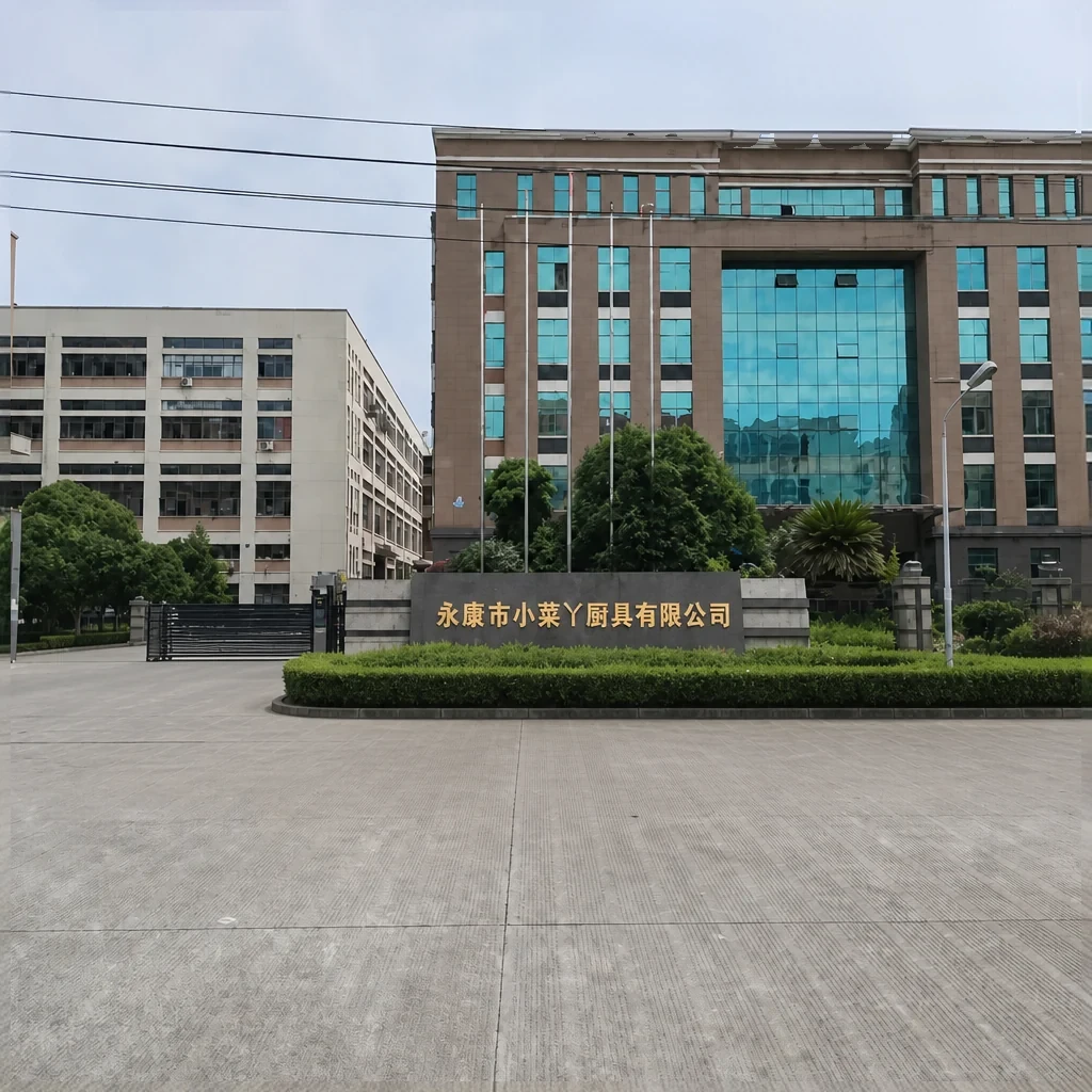 Company entrance with the Yongkang Xiaocaiya Kitchenware name on the front sign