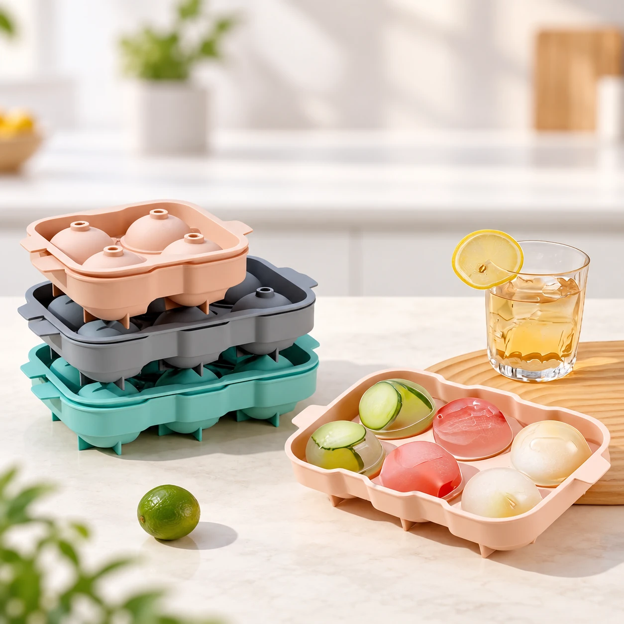 Peach, grey and teal sphere ice moulds arranged in a sunlit kitchen