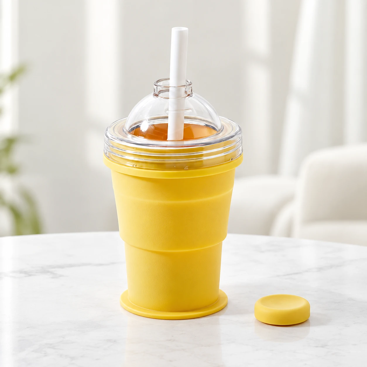 Yellow cup with lid and straw