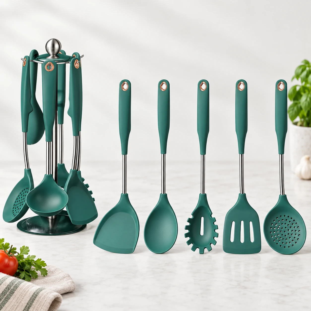 Green utensils with their rotating stand