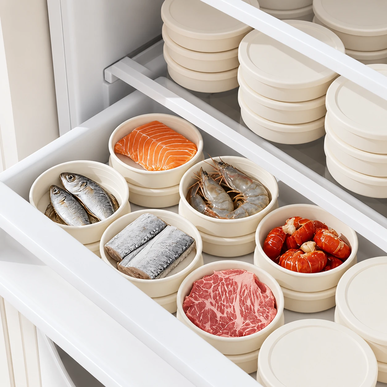 Portioned food in stacked containers