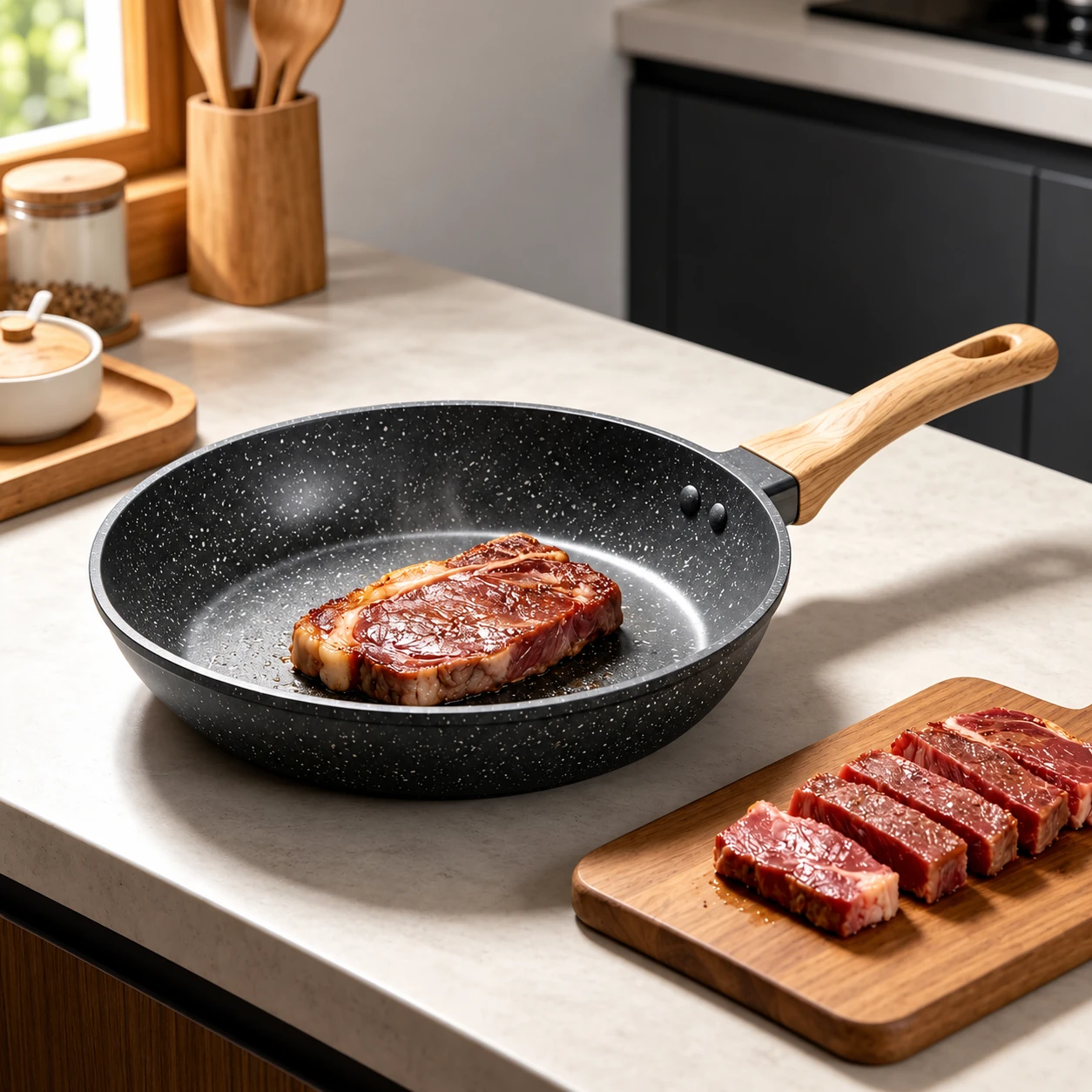 Dark frying pan in a kitchen setting