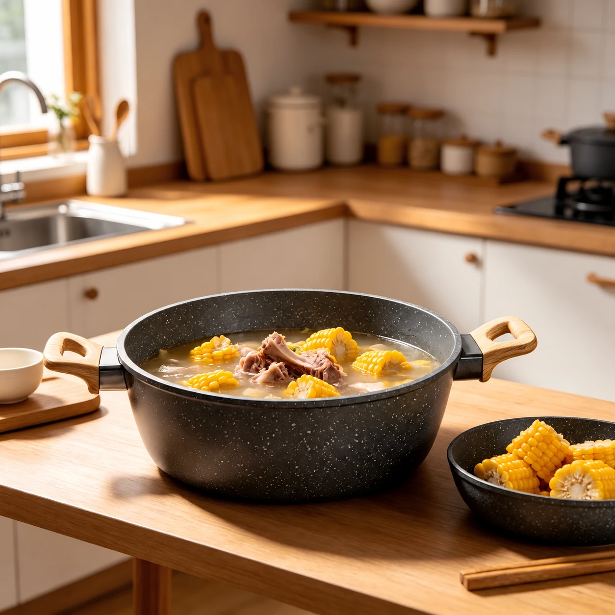 Dark cookware with wood-look handles