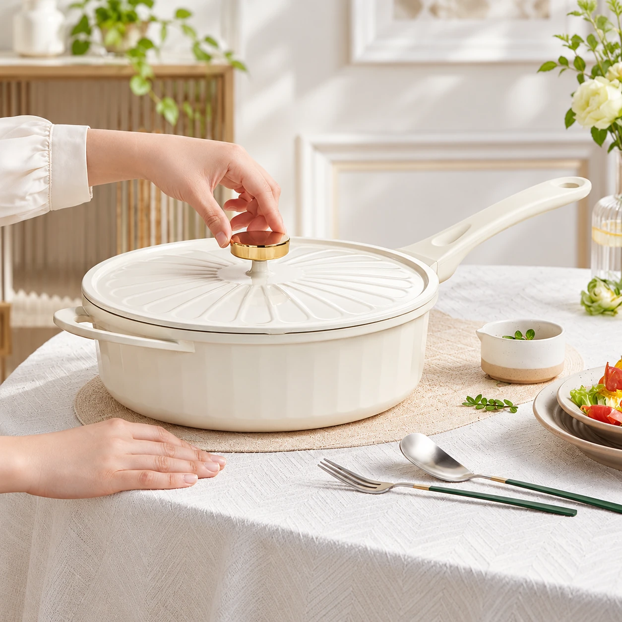 Fluted ivory pan in use