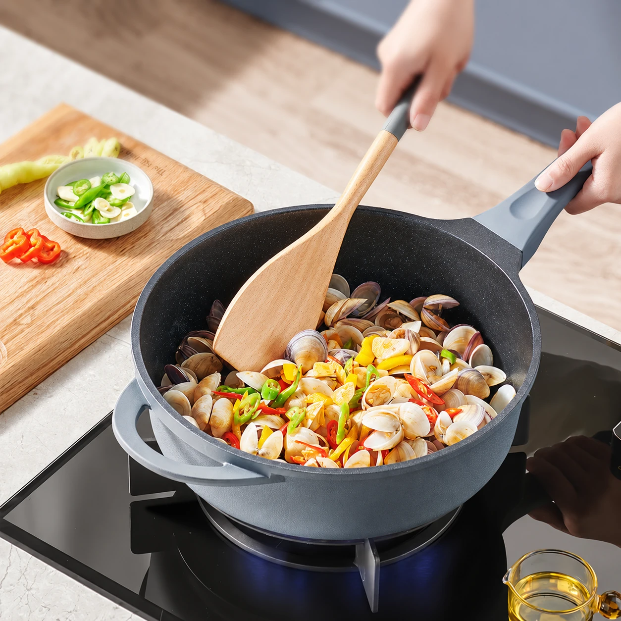 Blue deep pan with cooking ingredients