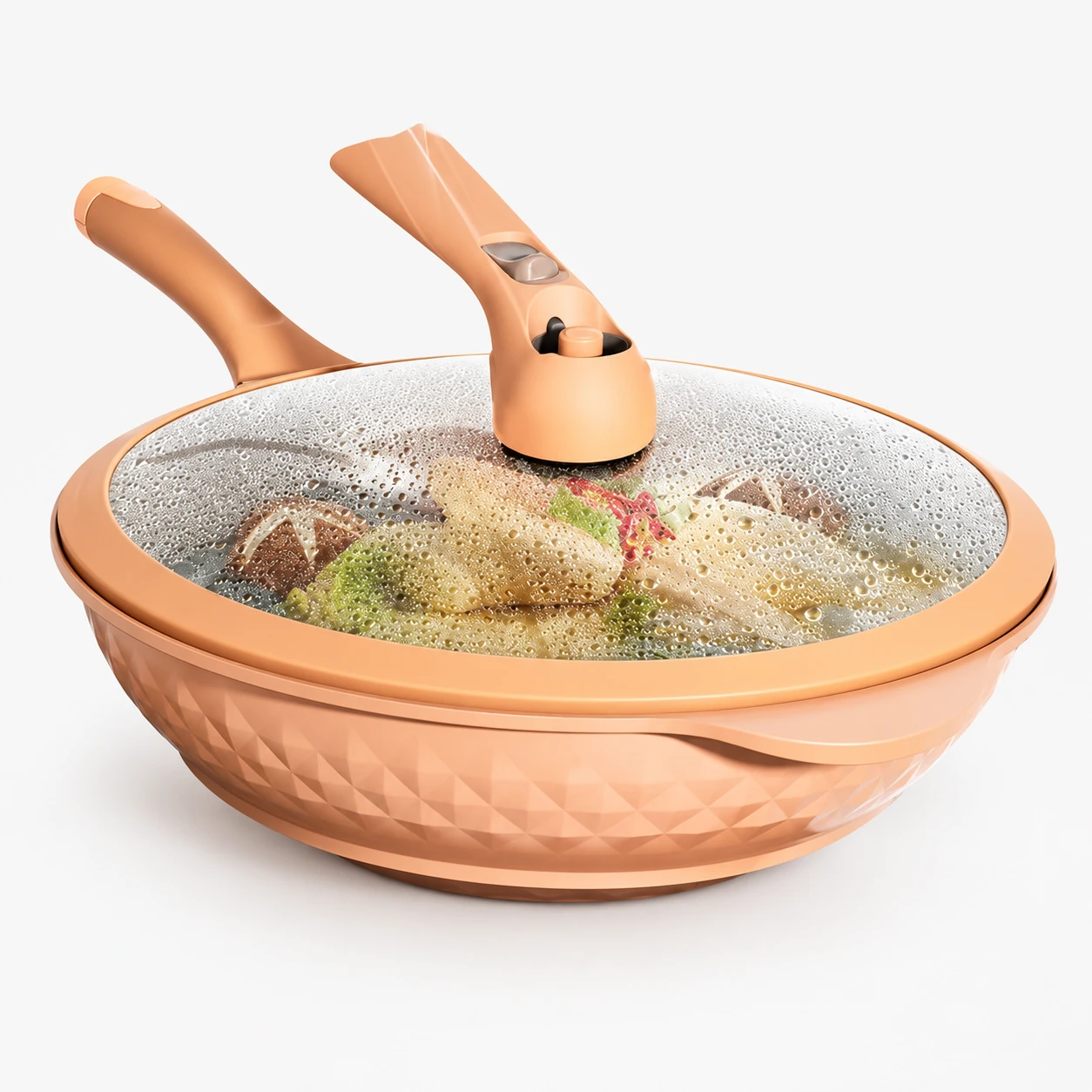 Terracotta-colour wok with steamer