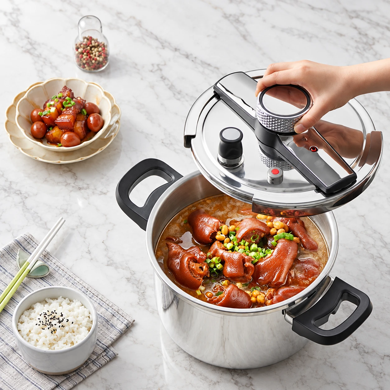 Pressure cooker with lid removed