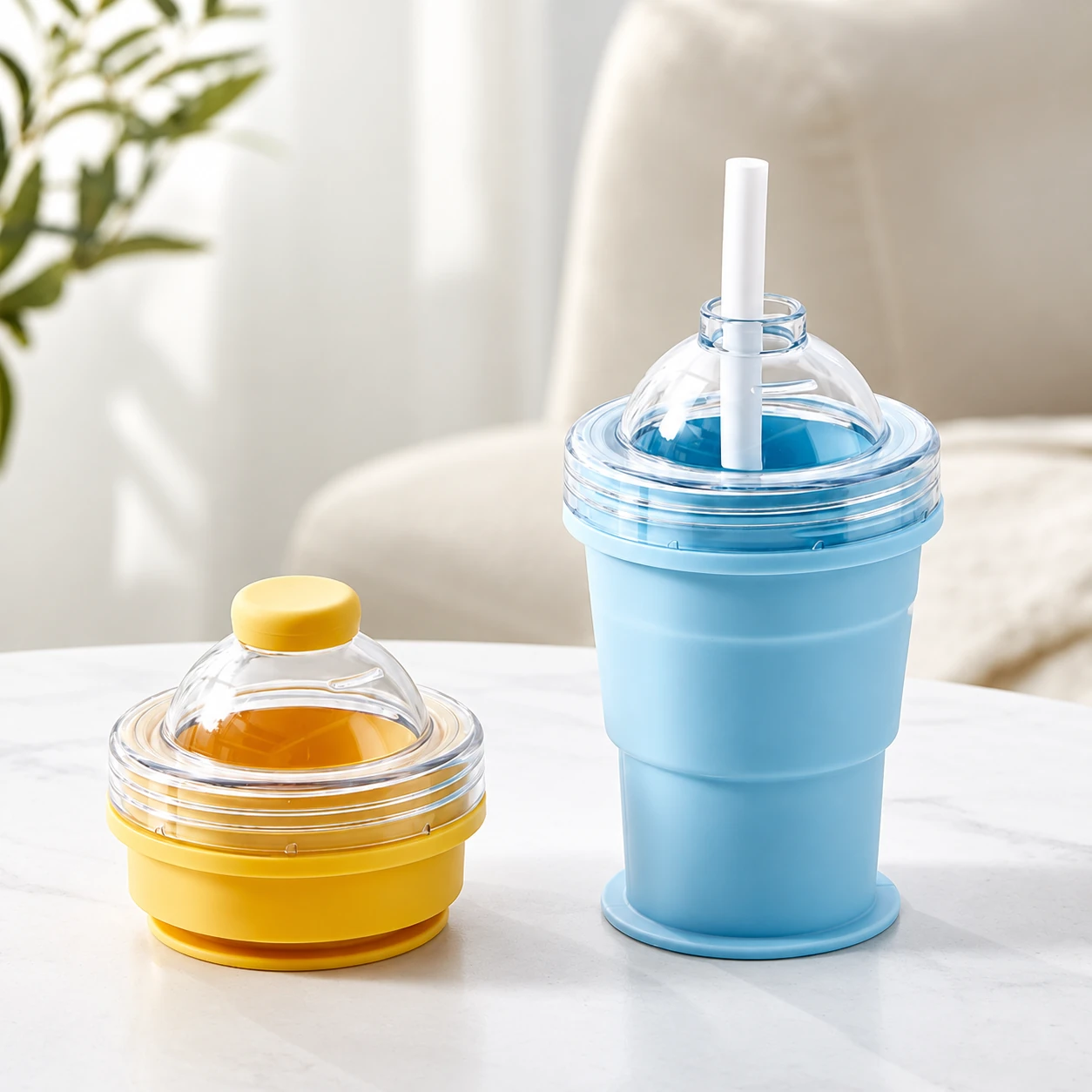 Blue and yellow folding silicone ice cups