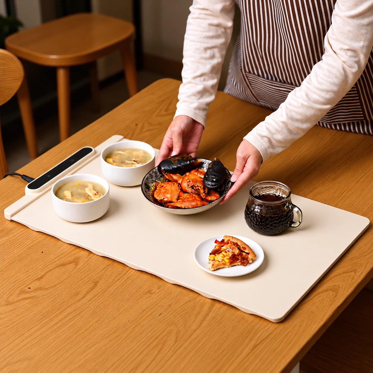 Serving dishes on the ivory simple-control warming mat